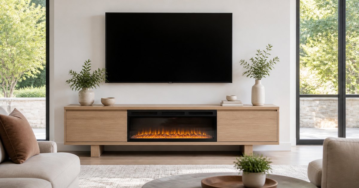 Light oak fireplace TV stand beneath a wall-mounted television