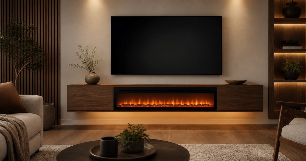 Wall-mounted walnut TV console with an integrated electric fireplace
