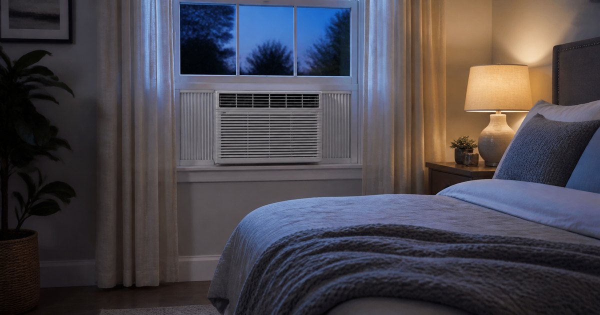 Window air conditioner cooling a quiet bedroom at dusk
