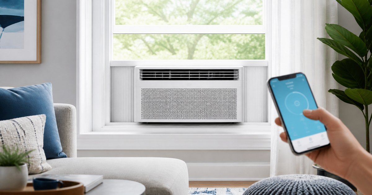 Smart window air conditioner controlled from a smartphone in a living room